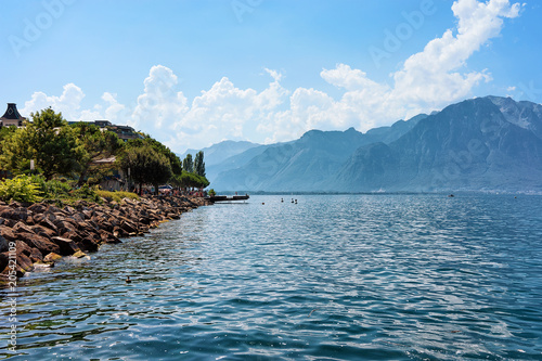 Alps mountains and coastline of Geneva Lake Montreux Swiss