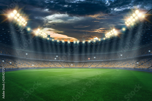 Stadium in the lights and flashes, football field. Concept sports background, football, night stadium. Mixed media, copy space.