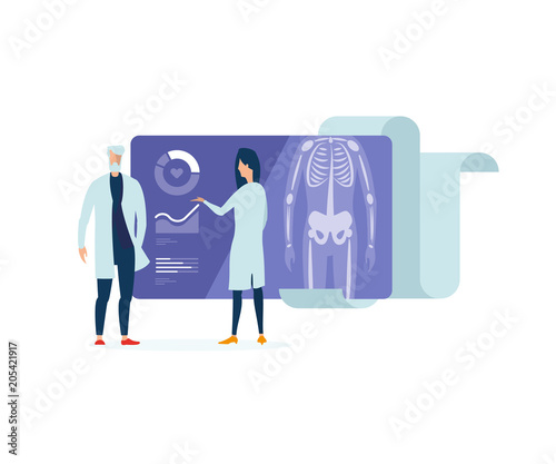 Medical school. Council of physicians. Two doctors discuss the timeline of the patient's illness. Illustration of health. X-ray scan. Health facility. Hospital.
