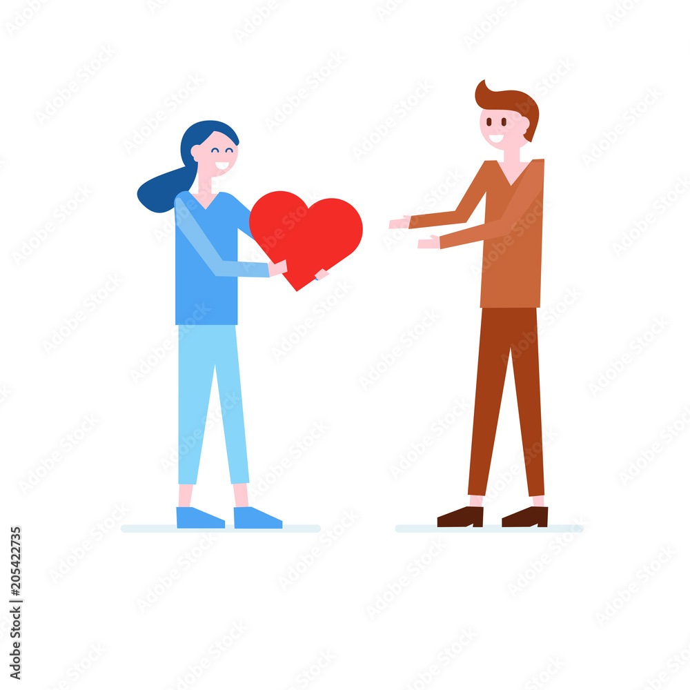 Girl giving red heart to boy. Love, romantic flat vector Girl giving red heart to boy. Love, romantic flat vector