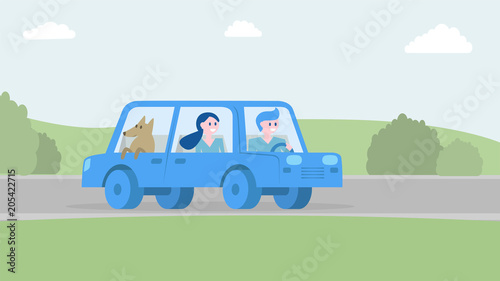 Happy family traveling together by car. Vector illustration.