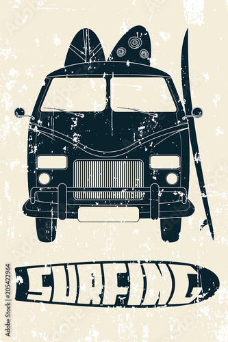Poster with Vintage Van and Surfboards  - Vector Illustration