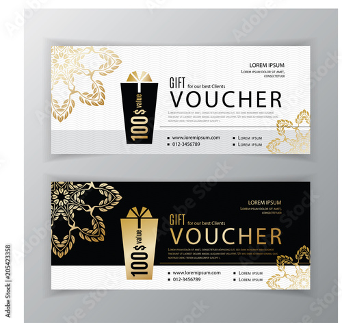 Vector gift voucher template. Universal flyer for business. Clean vector design, black gold design elements. Clean design for department stores, business. Abstract background