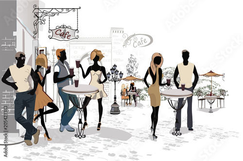 Series of the street cafes with people, men and women, in the old city, vector illustration. Waiters serve the tables. 
