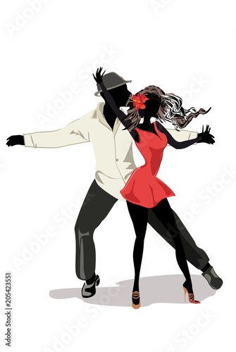 Romantic couple in passionate Latin American dances. Salsa festival. Hand drawn poster background.
