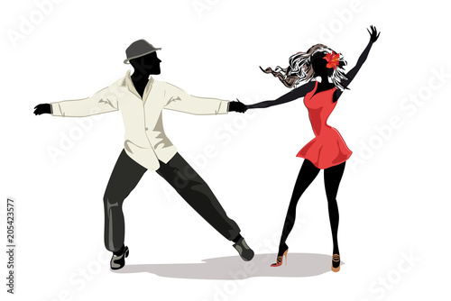 Romantic couple in passionate Latin American dances. Salsa festival. Hand drawn poster background. 
