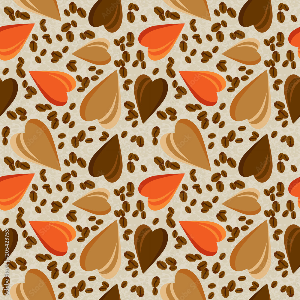 Hearts and coffee beans on a light background. seamless texture . Fabric, menu, cafeteria.