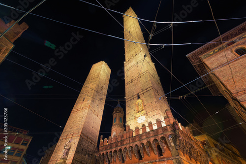 Two towers at Piazza di Porta Ravegnana night Bologna photo