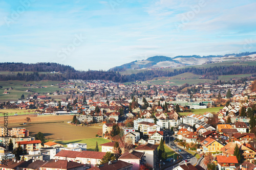 Aerial View of Thun Town and mountains Switzerland