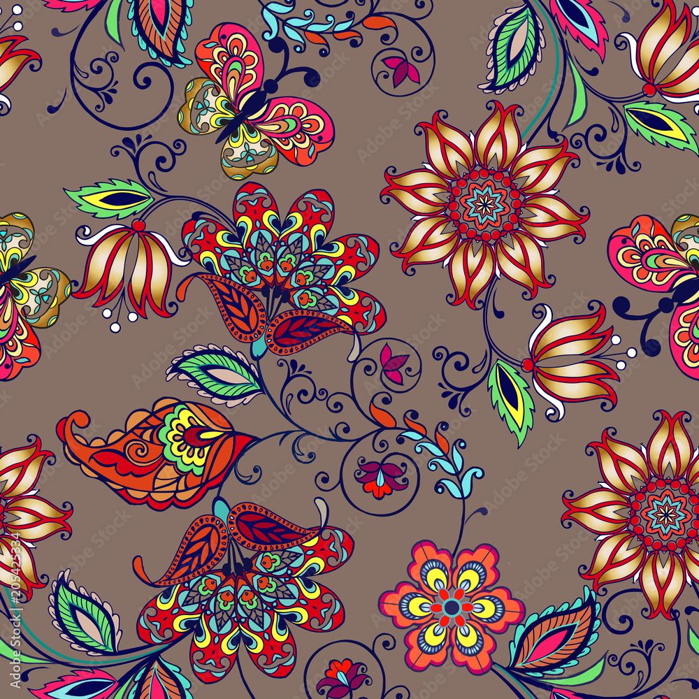 Fantastic floral Seamless ornament with paisley. Floral wallpaper. Oriental ethnic background. Arabic ornament with fantastic flowers and leaves. Decorative ornament for fabric, textile. Fantastic floral Seamless ornament with paisley. Floral wallpaper. Oriental ethnic background. Arabic ornament with fantastic flowers and leaves. Decorative ornament for fabric, textile.