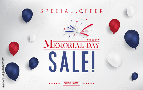 Banner for Memorial day sale design. Memorial day sign on a dark blue background with 3d percent symbol. Vector illustration for business promotion.