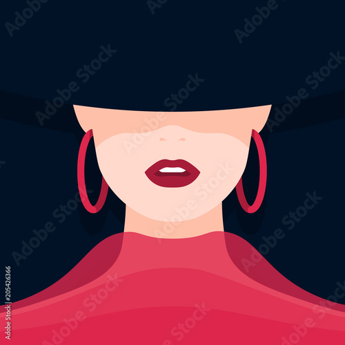 Portrait of a woman in a hat. The face of a beautiful girl. Vector flat illustration