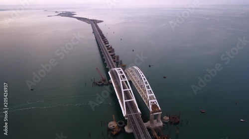 KERCH, RUSSIA, May 16, 2018: Aerial view of The Crimean Bridge, Kerch Bridge, colloquially the Kerch Strait Bridge with road and rail passages across the Kerch Strait, which will connect the Taman