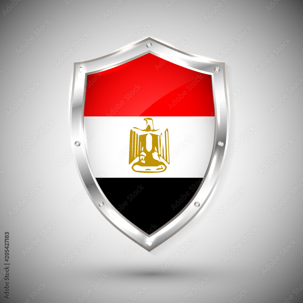 Egypt flag on metal shiny shield vector illustration. Collection of flags on shield against white background. Abstract isolated object Egypt flag on metal shiny shield vector illustration. Collection of flags on shield against white background. Abstract isolated object