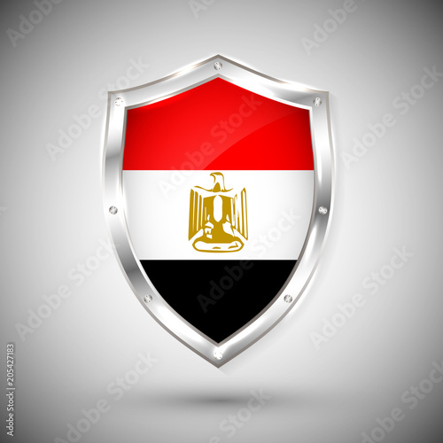 Egypt flag on metal shiny shield vector illustration. Collection of flags on shield against white background. Abstract isolated object