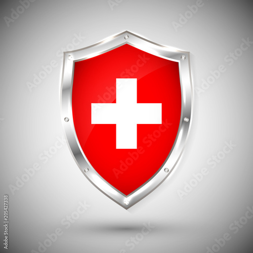 Switzerland flag on metal shiny shield vector illustration. Collection of flags on shield against white background. Abstract isolated object