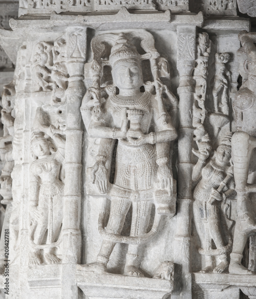 Ancient Architectural Ornament, Stone Carving Decorations Inside Ranakpur Jain Temple in Rajasthan, India