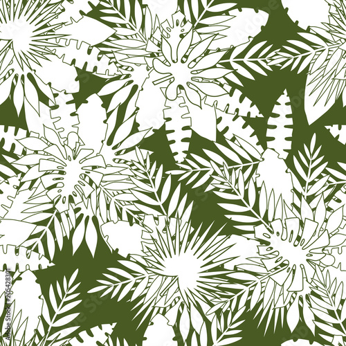 Seamless pattern of tropical leaves, illustration leafs of areca palm, fan palm, babana, philodendron, monstera, fern