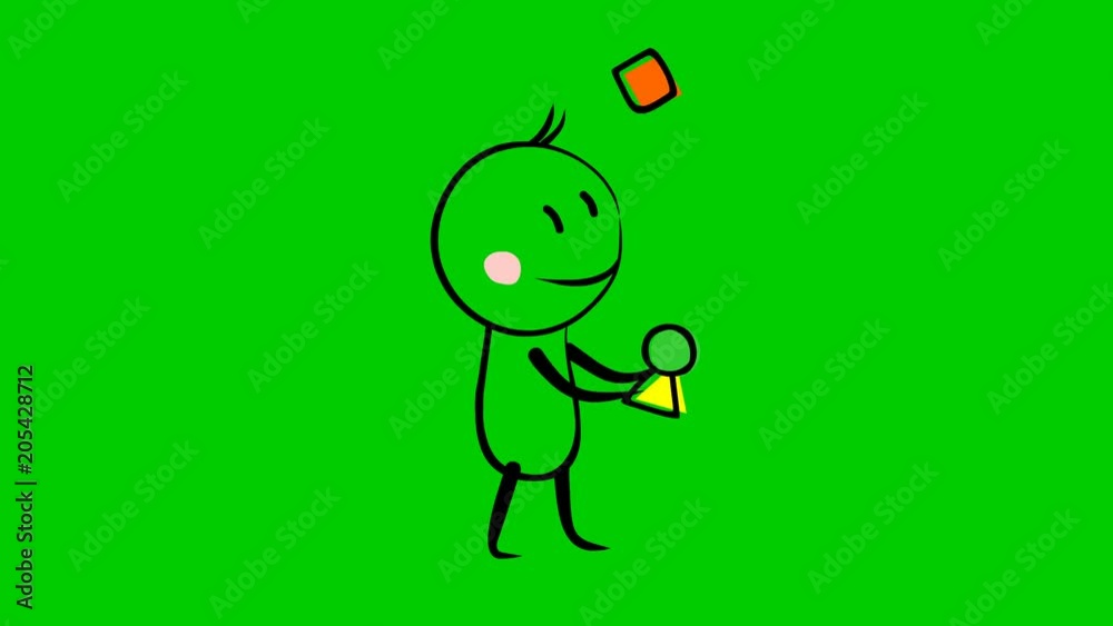 Funny stick figure man character juggling with figures cartoon 2d loop animation