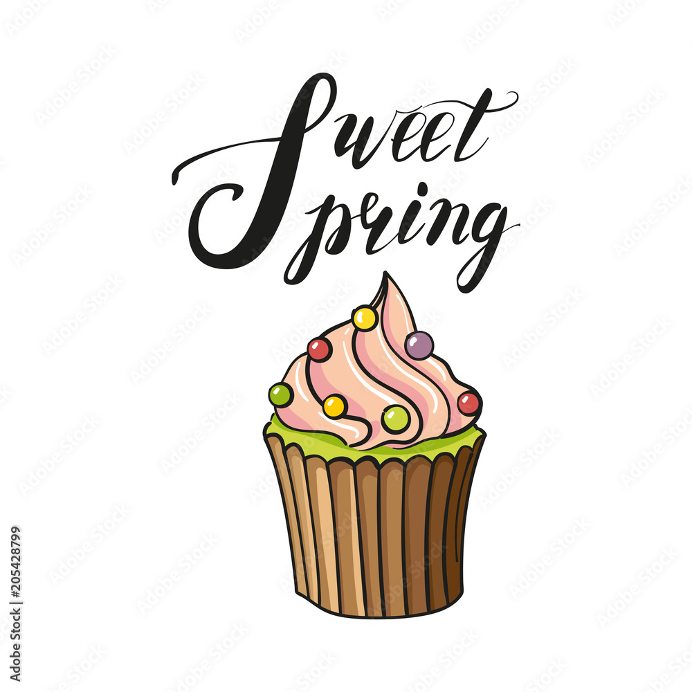 Cupcake with spring lettering. Pink cake illustration Cupcake with spring lettering. Pink cake illustration