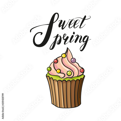 Cupcake with spring lettering. Pink cake illustration