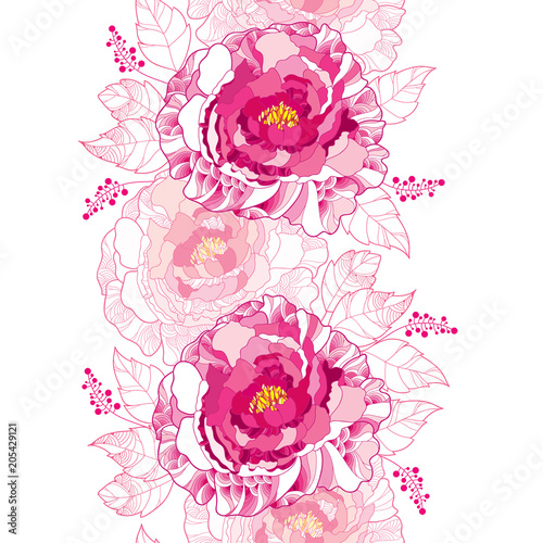 Vector seamless pattern with outline peony flower and ornate leaf in pastel pink colored on the white background. Floral vertical border with contour blossoming peonies for summer design.