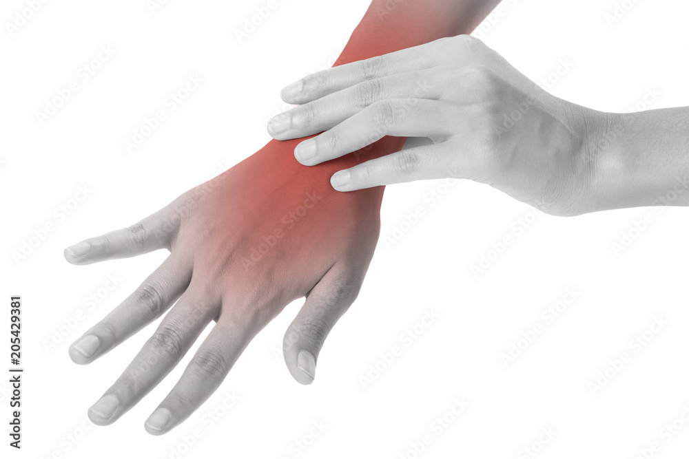 Woman hand holding massaging her wrist in back side red highlighted in pain area, black and white color, pain concept, Isolated on white background.