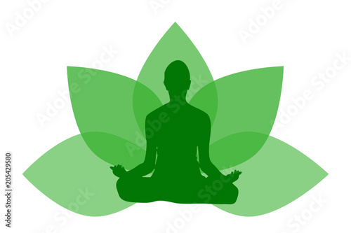 Silueta de mujer haciendo yoga con hojas verdes.