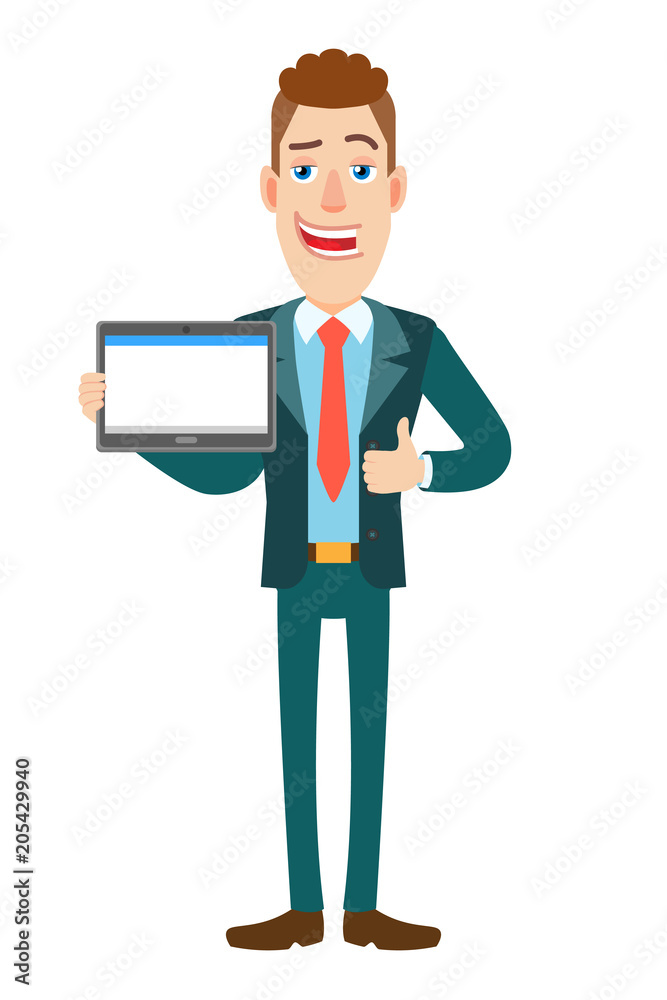 Businessman holding tablet PC and showing thumb up Businessman holding tablet PC and showing thumb up
