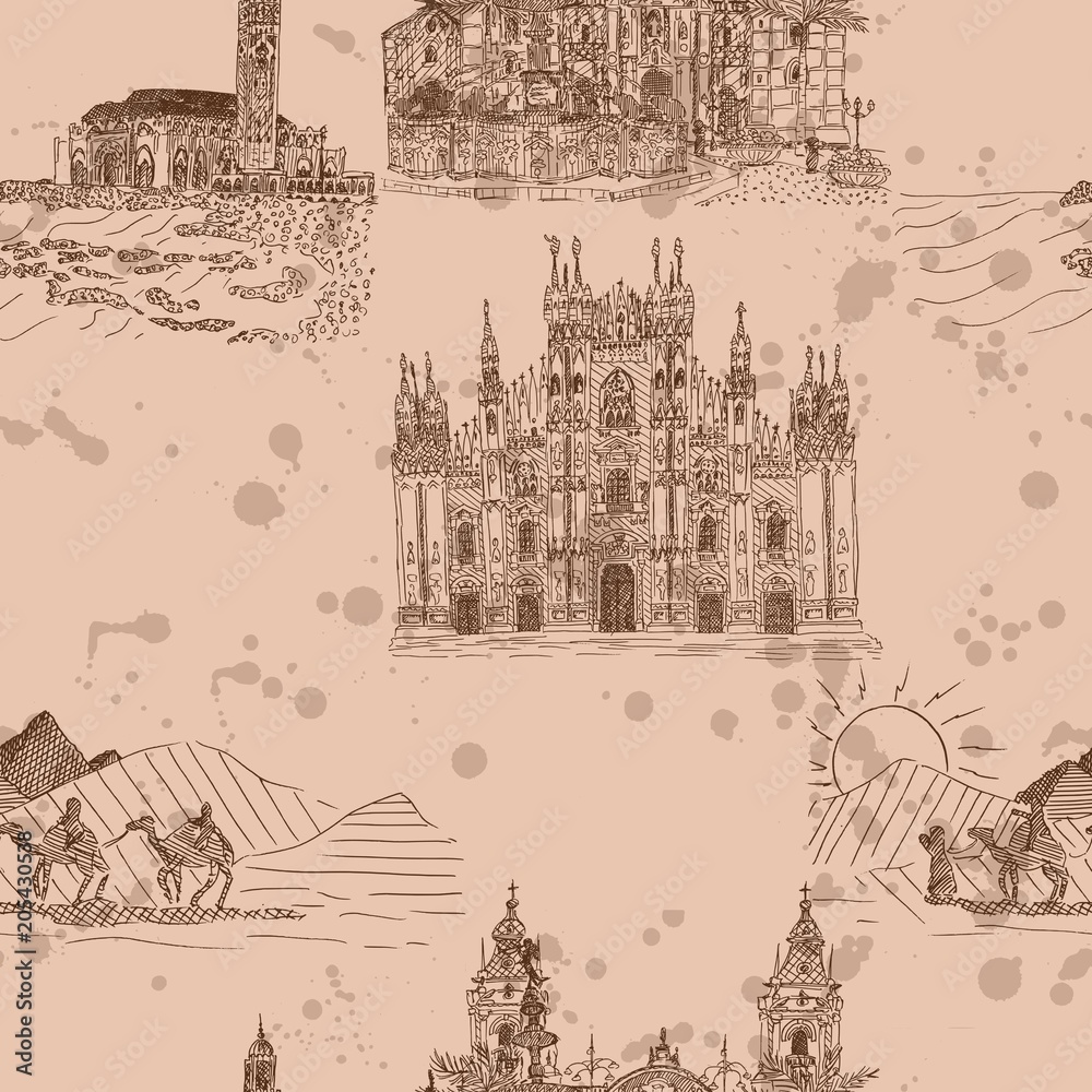 brown pattern African and European countries sketch ink brown pattern African and European countries sketch ink