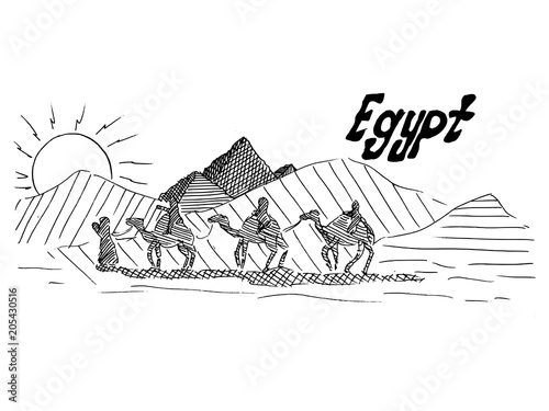 Egyptian black and white sketch with camels and desert