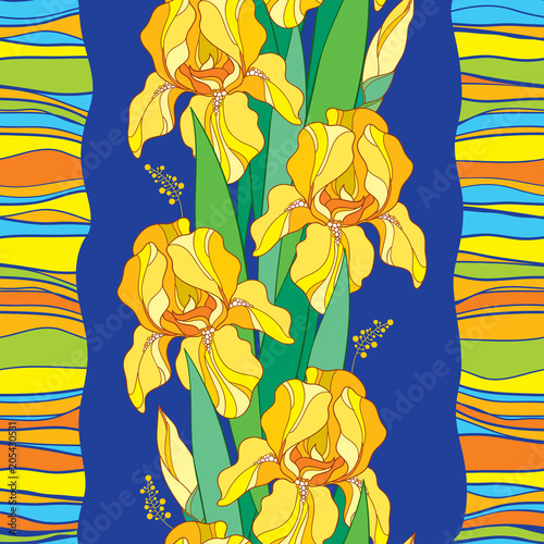 Fototapeta Naklejka Na Ścianę i Meble -  Vector seamless pattern with outline yellow Iris flower, bud, green leaf and stripes on the blue background. Floral background with ornate Iris in contour style for spring or summer design.