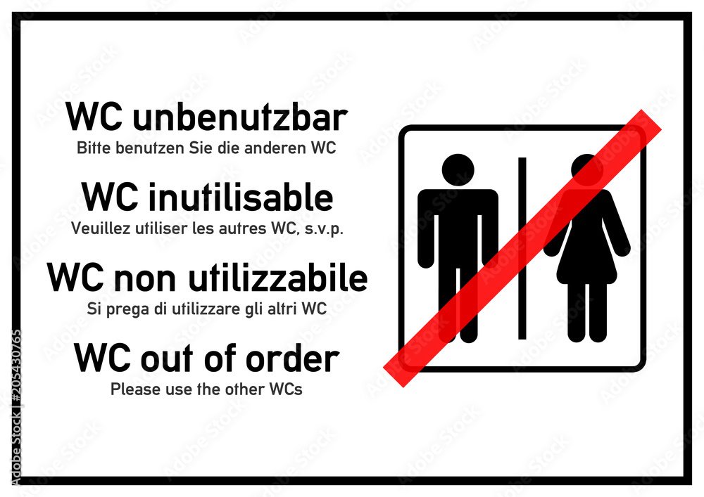 ks305 Kombi-Schild - Deutsch: WC unbenutzbar - Toilettenschild -  mehrsprachig - door plate, français: WC inutilisable, Italiano: WC non