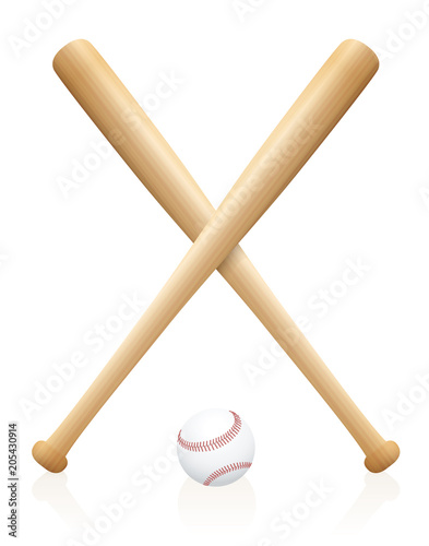 Two crossed baseball bats with one ball beneath. Symbol for sporting competition, match, contest, battle, fight. Isolated vector illustration on white background.