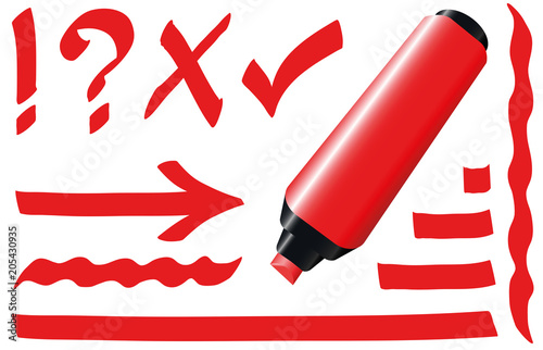Red highlighter. Bright red marker pen plus strokes and signs like call sign, question mark, tick mark and arrow. Isolated vector illustration on white background.