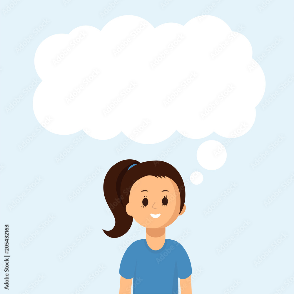 Happy girl with big speech bubble on blue. Vector flat illustration. Happy girl with big speech bubble on blue. Vector flat illustration.