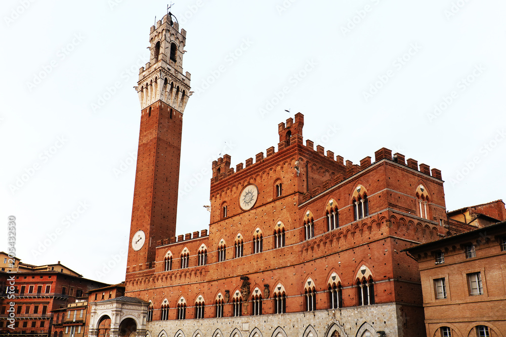 Palazzo Pubblico and Mangia Tower (Torre del Mangia) in Siena Tuscany Italy