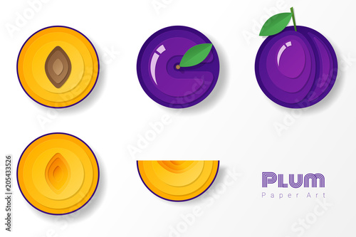 Set of plums in paper art style , vector , illustration