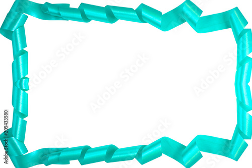 Satin wide ribbon of turquoise color lined with coils in the form of a seamless frame on a white background.