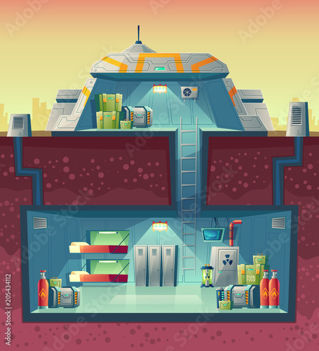 Vector cross section of nuclear shelter, interior of fortified bunker with ventilation system. Cartoon isolated lab, headquarters for survival, experiment, technology research. Architecture background