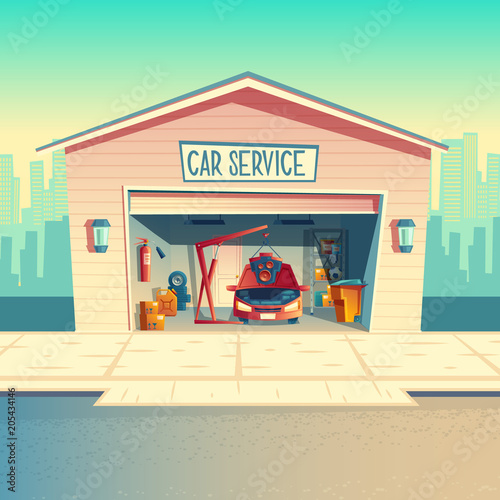 Vector cartoon mechanic workshop with car, installing engine. Repairing, fixing vehicle in garage. Storeroom with tools, parts and details. Automobile service near with the road, urban business