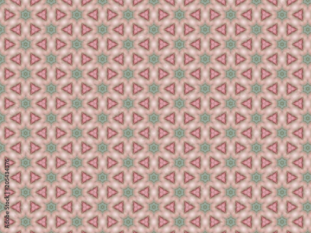 wall with geometric green ceramic pattern decorated with pink flowers