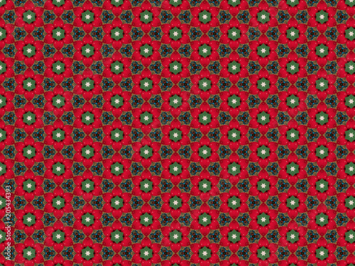 background with strawberries in felt red petals and green leaves and a pattern of blue and gold and red beads