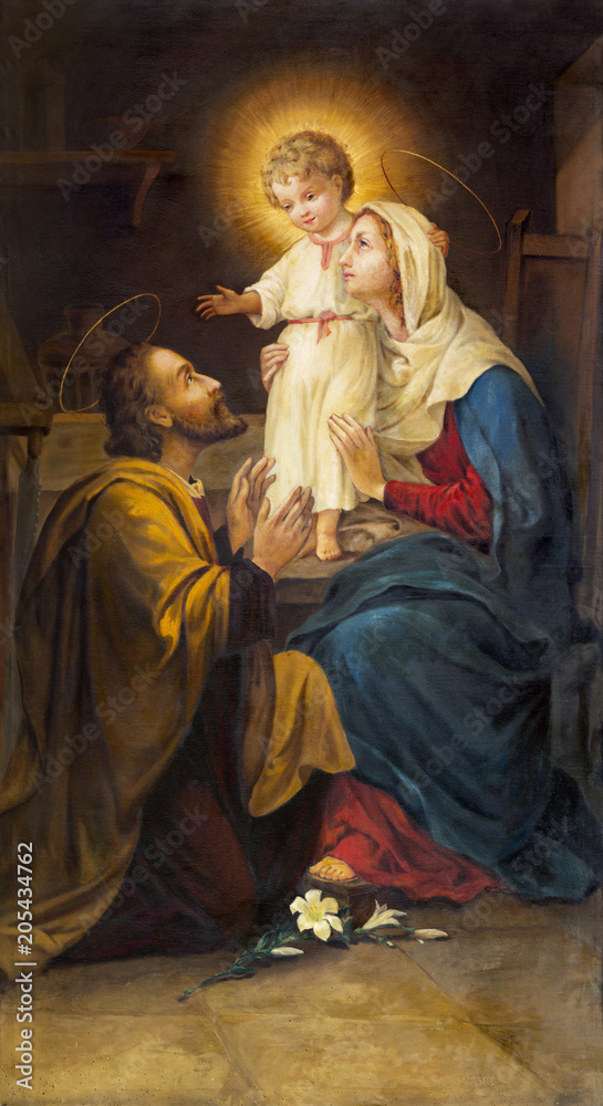 Naklejka premium PARMA, WŁOCHY - 16 kwietnia 2018: Obraz Świętej Rodziny w kościele Chiesa di San Benetetto przez nieznanego artysty 19. centa.