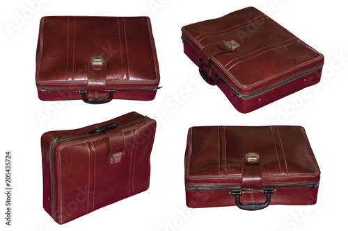 Set of leather vintage suitcase isolated on white background.
