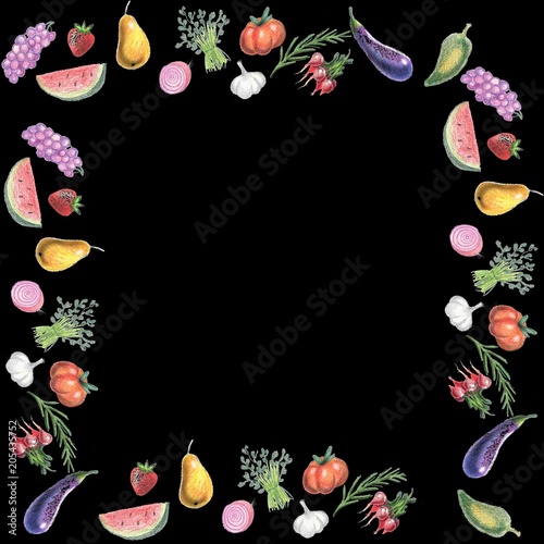 Fototapeta Naklejka Na Ścianę i Meble -  background, frame, vegetables, fruits, black, background, board, chalk, sketch, food, restaurant, cafe, menu