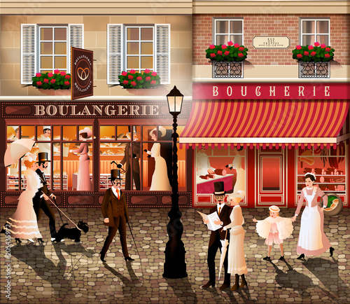 Evening walk on the street of Paris. Handmade drawing vector illustration in the style of the early 20th century. All items - easily scalable separate objects. 