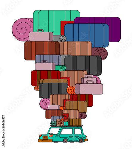 Car and lot suitcases. Move Long journey. Vector illustration