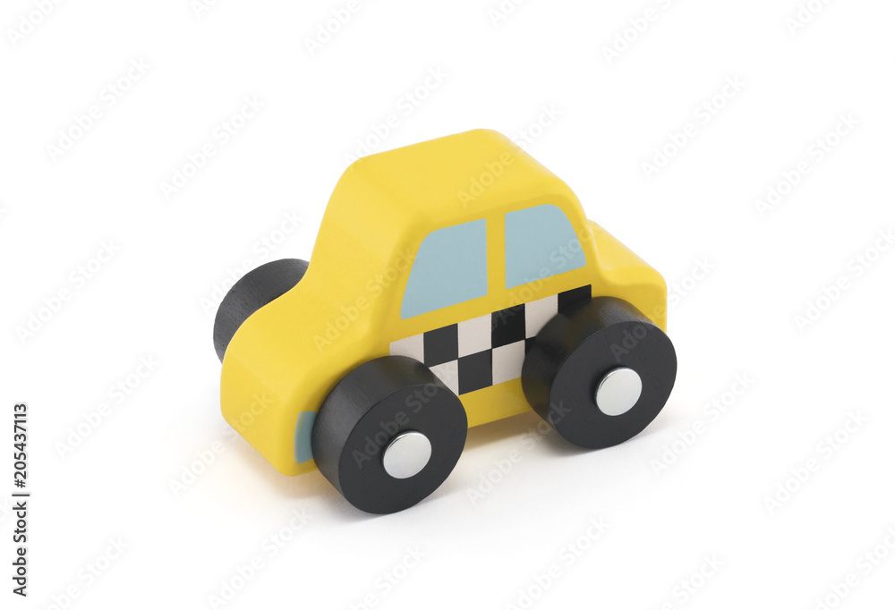 Small wooden taxi car on white background with clipping path