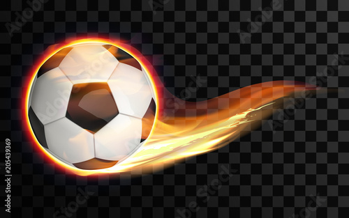 Realistic vector illustration. Flying burning soccer or football ball on transparent background. Glowing fireball on the speed in flame. 